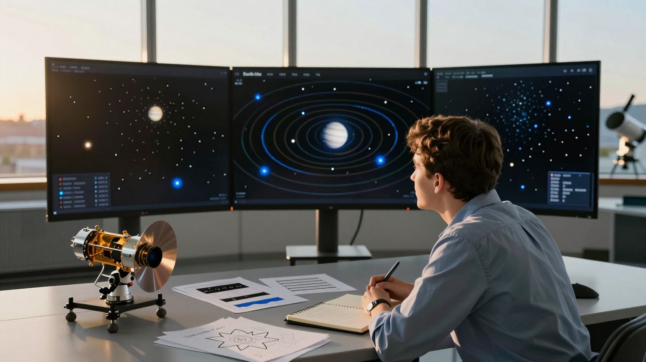 Jovem observa três ecrãs com imagens do sistema solar e satélite em modelo sobre secretária com desenhos espaciais.