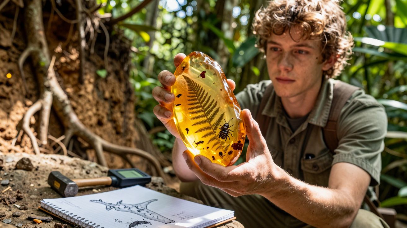 Homem em floresta analisa resina amarela com insetos e folha fossilizados, com caderno de desenhos na frente.