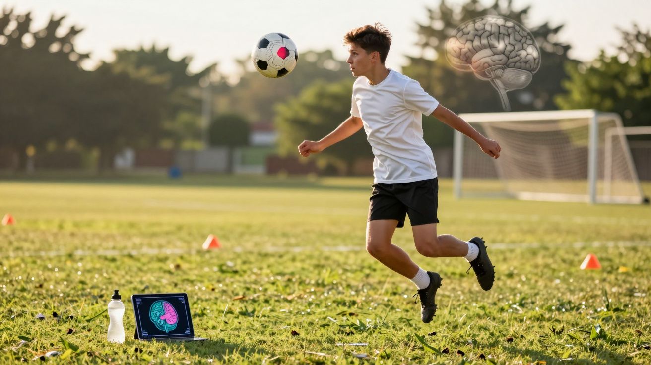 Jovem a saltar para cabecear uma bola de futebol num campo com um cérebro e um portátil a mostrar um cérebro.