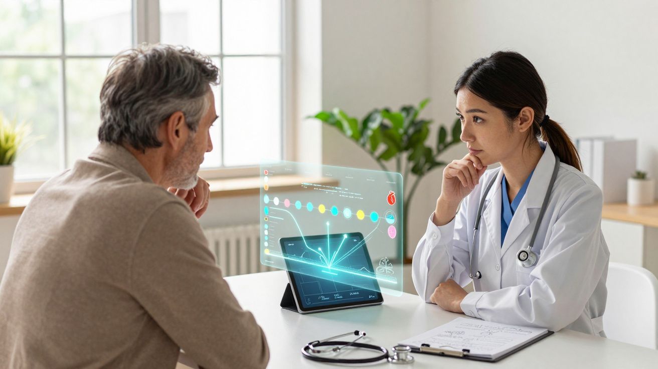 Médica com bata branca e estetoscópio consulta paciente masculino com tablet e gráficos holográficos entre eles.