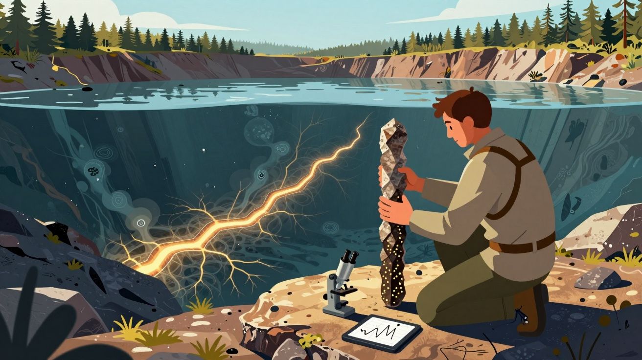 Homem analisa amostra nas margens de lago com relâmpago subaquático e equipamento científico.