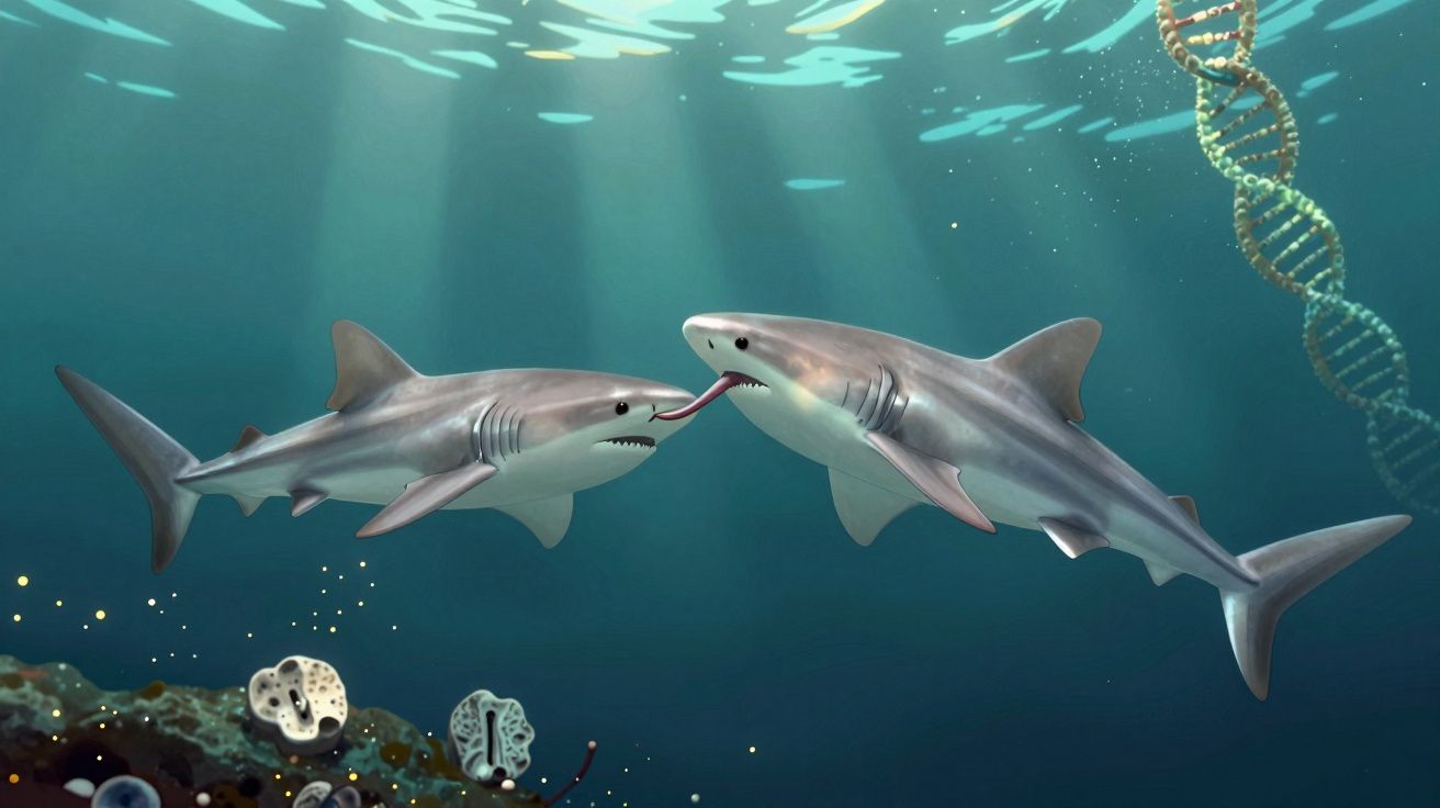 Dois tubarões debaixo de água com um entrelaçamento da língua e uma fita de DNA ao fundo.