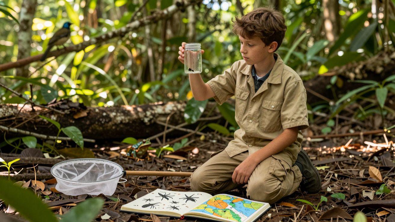 Rapaz em roupa caqui observa insetos num frasco, rodeado por rede de captura e livro de campo na floresta.