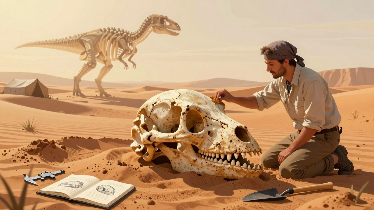 Homem a examinar um crânio gigante de dinossauro num deserto, com esqueleto de dinossauro ao fundo e ferramentas.