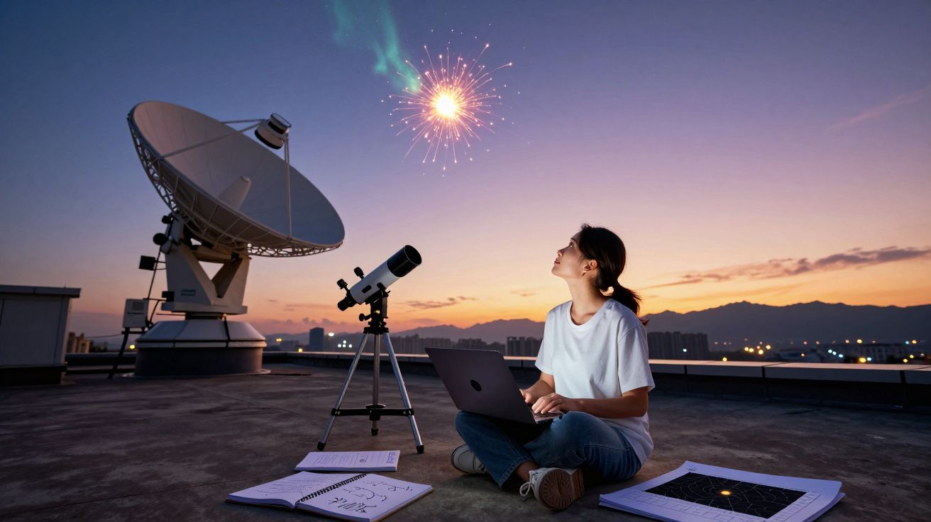Mulher sentada no telhado ao pôr do sol com portátil, telescópio e antena parabólica observando fogos de artifício.