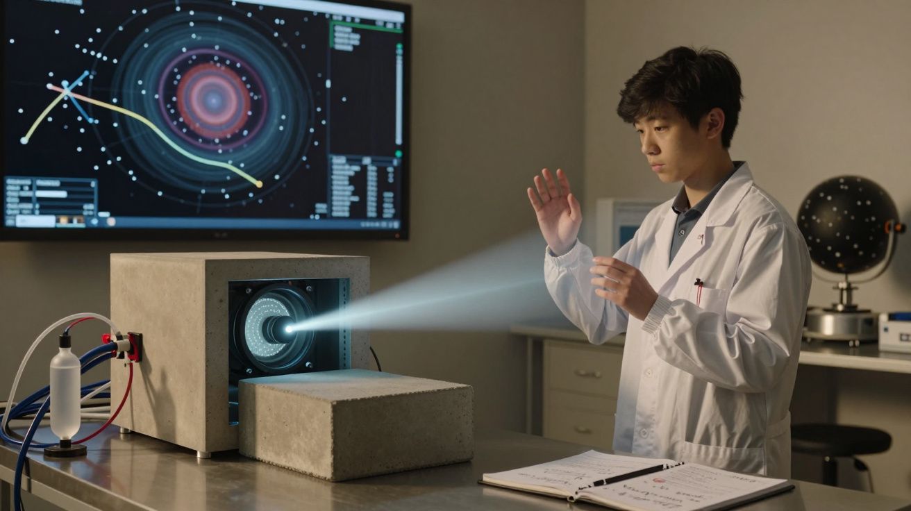 Jovem cientista em laboratório observa projeção luminosa de máquina experimental com dados astrofísicos no ecrã.