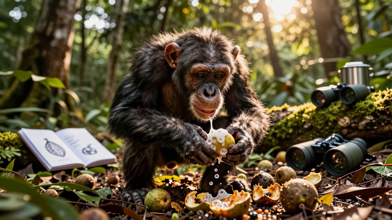 Macaco chimpanzé em floresta a espremer e beber sumo de fruto amarelo rodeado por binóculos e livro aberto.