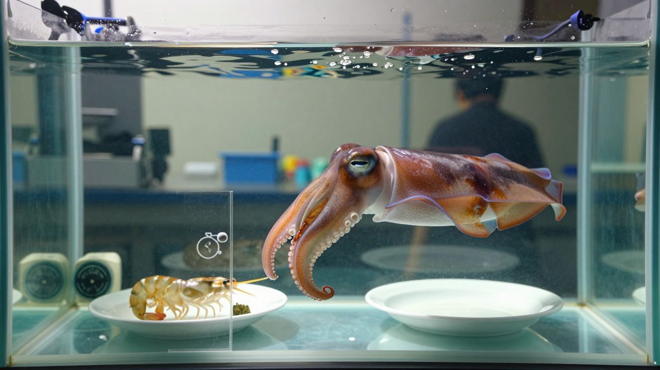 Tanqueta com uma lula e um camarão em pratos dentro de água num laboratório.