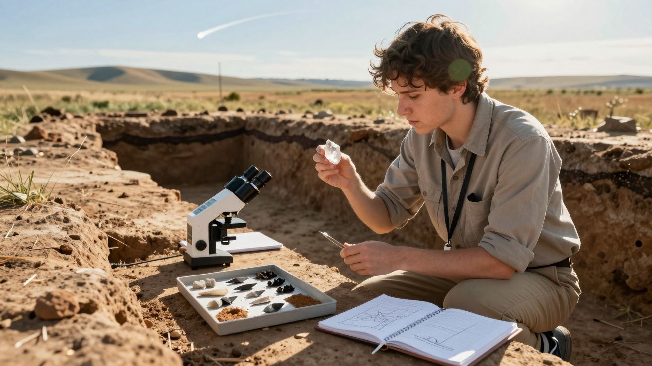Jovem arqueólogo analisa fragmento de pedra num sítio escavado com ferramentas e caderno de notas.