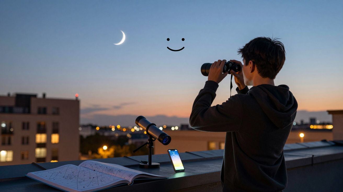 Jovem observa a lua em crescente com binóculos numa varanda ao entardecer, com mapa estelar e telescópio.