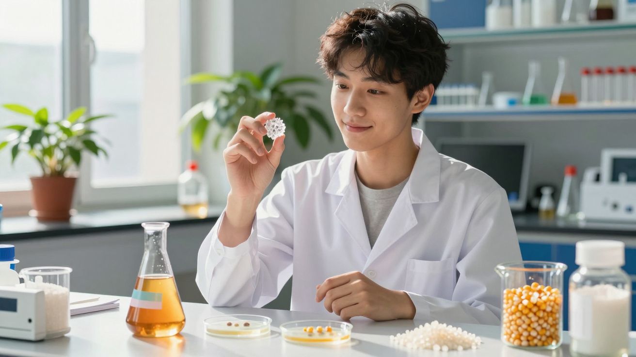 Cientista jovem de bata branca a examinar amostra em laboratório com equipamentos e frascos à sua volta.