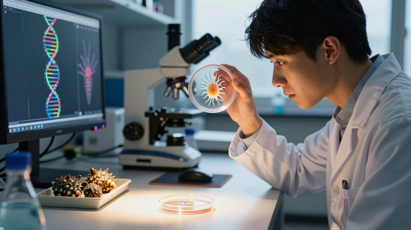 Cientista em bata branca observa cultura celular em placa de petri, à frente de microscópio e ecrã com DNA.