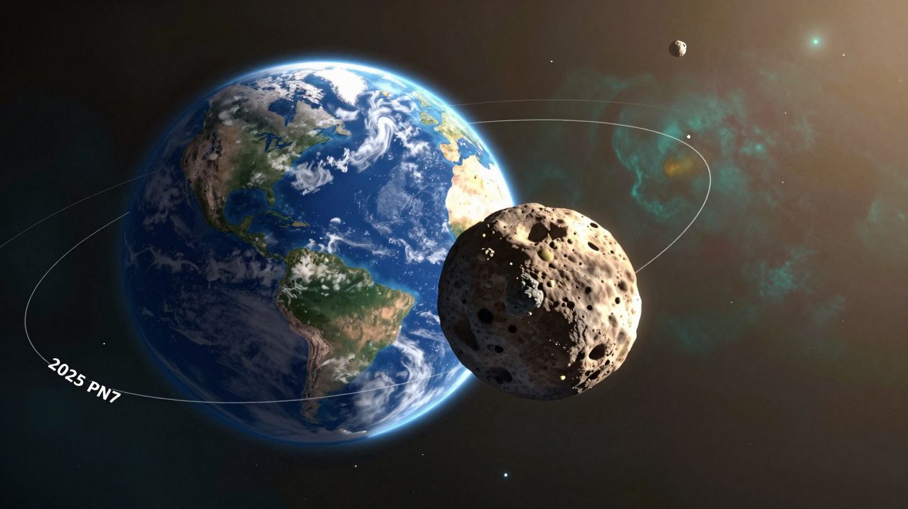 Ilustração do asteroide 2025 PN7 a orbitar próximo da Terra no espaço, com a Lua ao fundo.