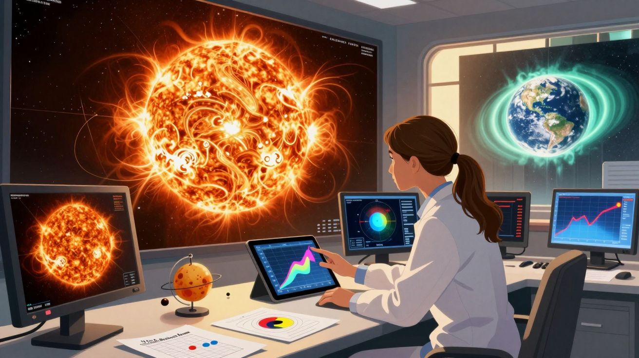 Mulher cientista analisa dados solares numa sala com monitores e imagem digital da Terra ao fundo.