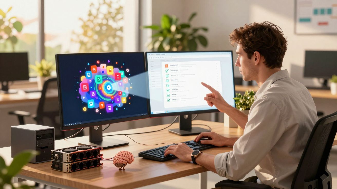 Homem sentado a trabalhar com dois ecrãs, um com ícones coloridos e outro com lista de tarefas.