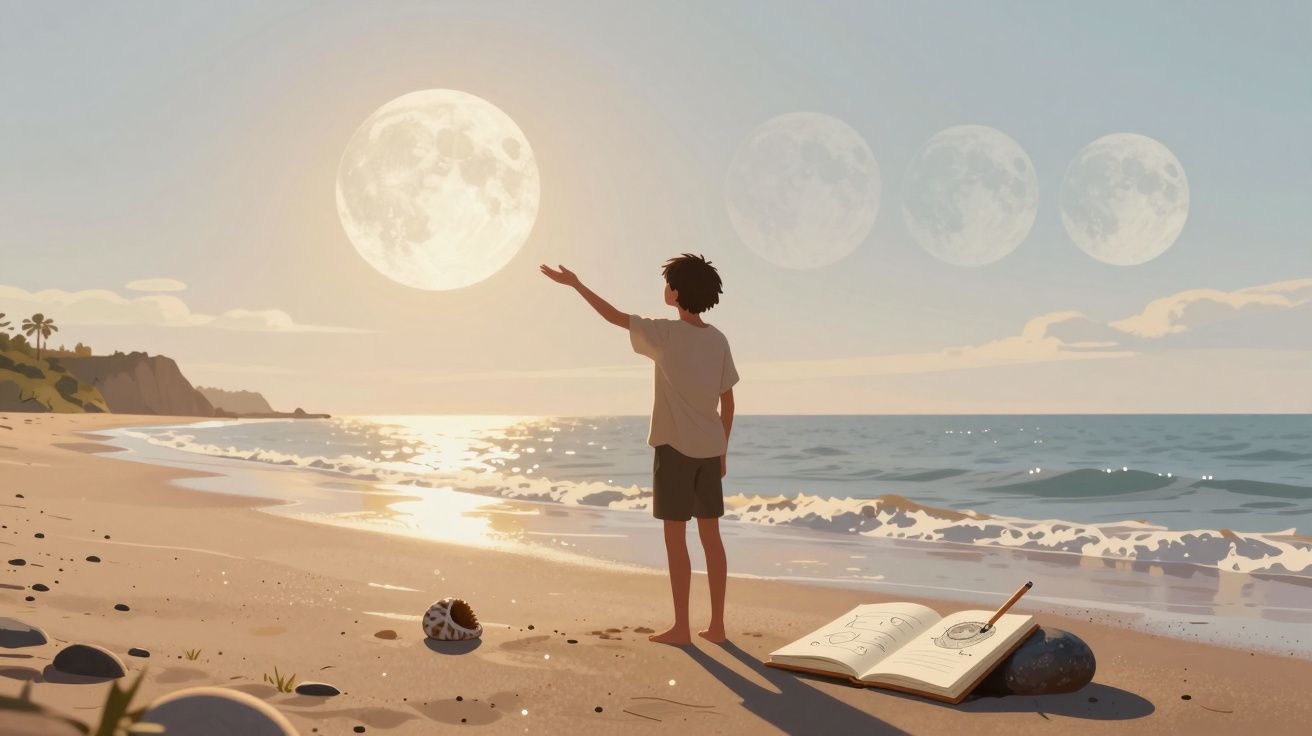 Menino na praia estende a mão para luas brilhantes refletidas no mar ao pôr do sol.