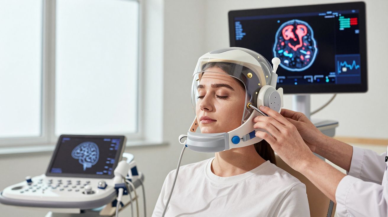 Paciente a realizar exame cerebral com equipamento de neuroimagem e capacete tecnológico num consultório médico.