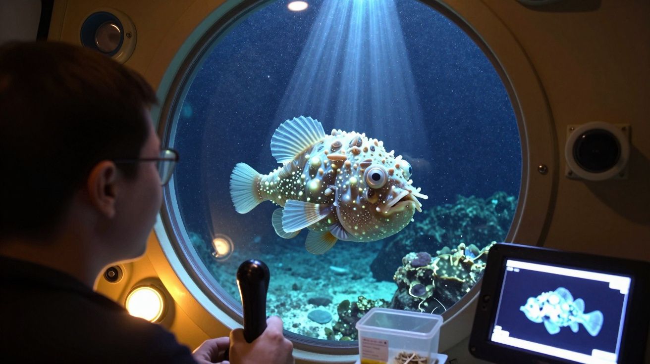 Pessoa controla robô submarino que observa peixe esférico através de escotilha iluminada no fundo do mar.
