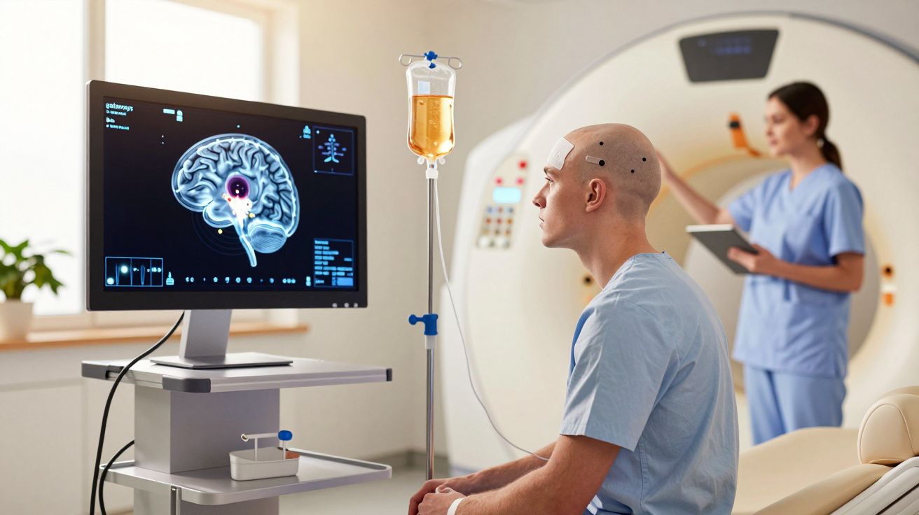 Paciente com eletrodos no crânio e soro sentado diante de ecrã com imagem cerebral, enquanto técnica ajusta máquina de resson