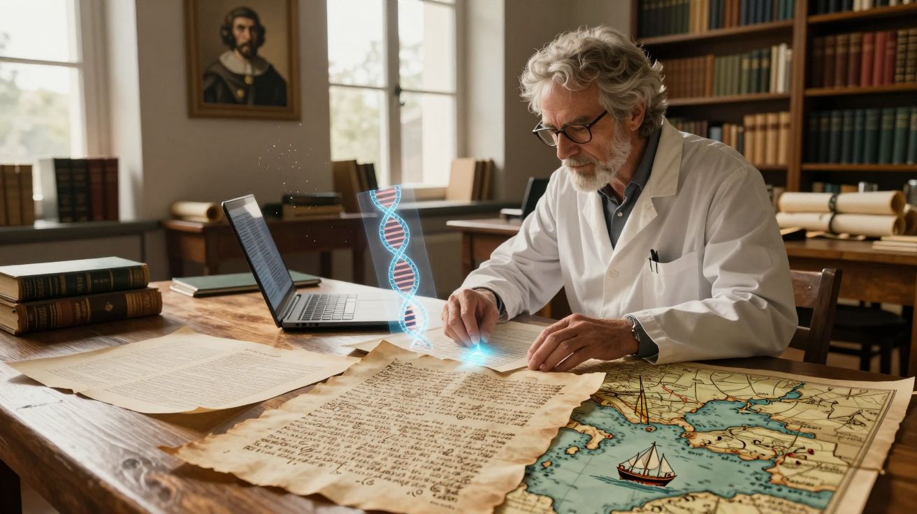 Cientista idoso analisa pergaminho antigo com mapa e molécula de DNA digital numa biblioteca clássica.