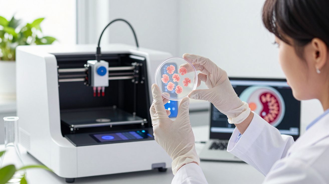 Cientista com luvas a analisar placa de petri com tecido impresso em 3D perto de impressora 3D e computador.