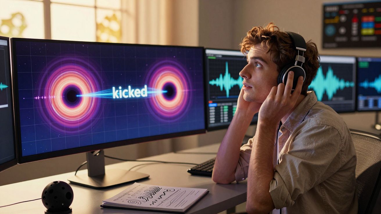 Homem com auscultadores a analisar ondas sonoras em múltiplos ecrãs num ambiente de edição áudio.