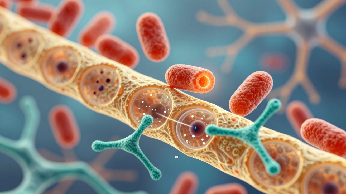 Imagem 3D de fibras nervosas com células e bactérias vermelhas ao redor.