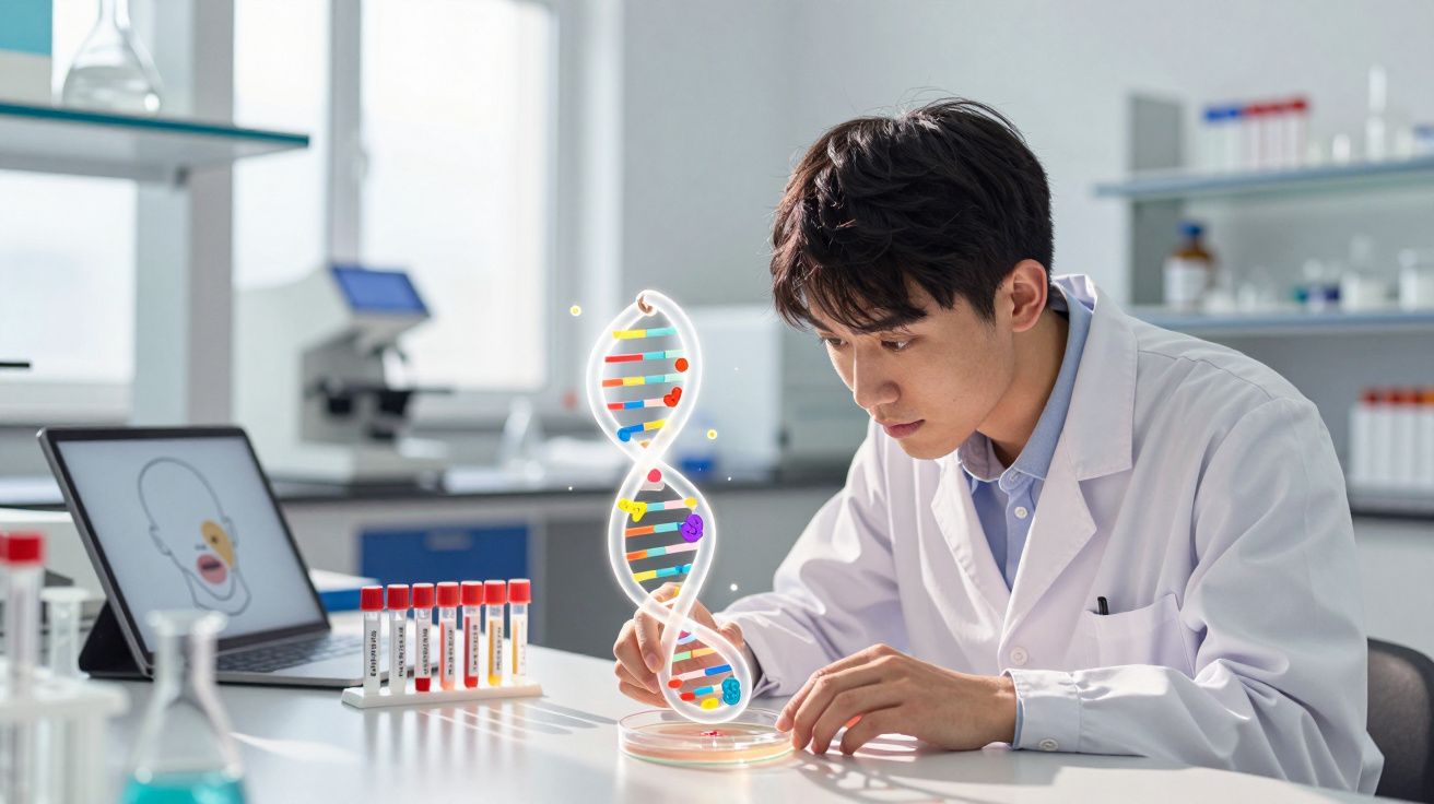 Cientista em laboratório estudando modelo tridimensional de molécula de DNA em ambiente investigativo.