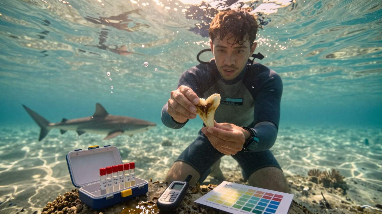 Homem submerso a analisar dente de tubarão com equipamentos científicos no fundo do mar.