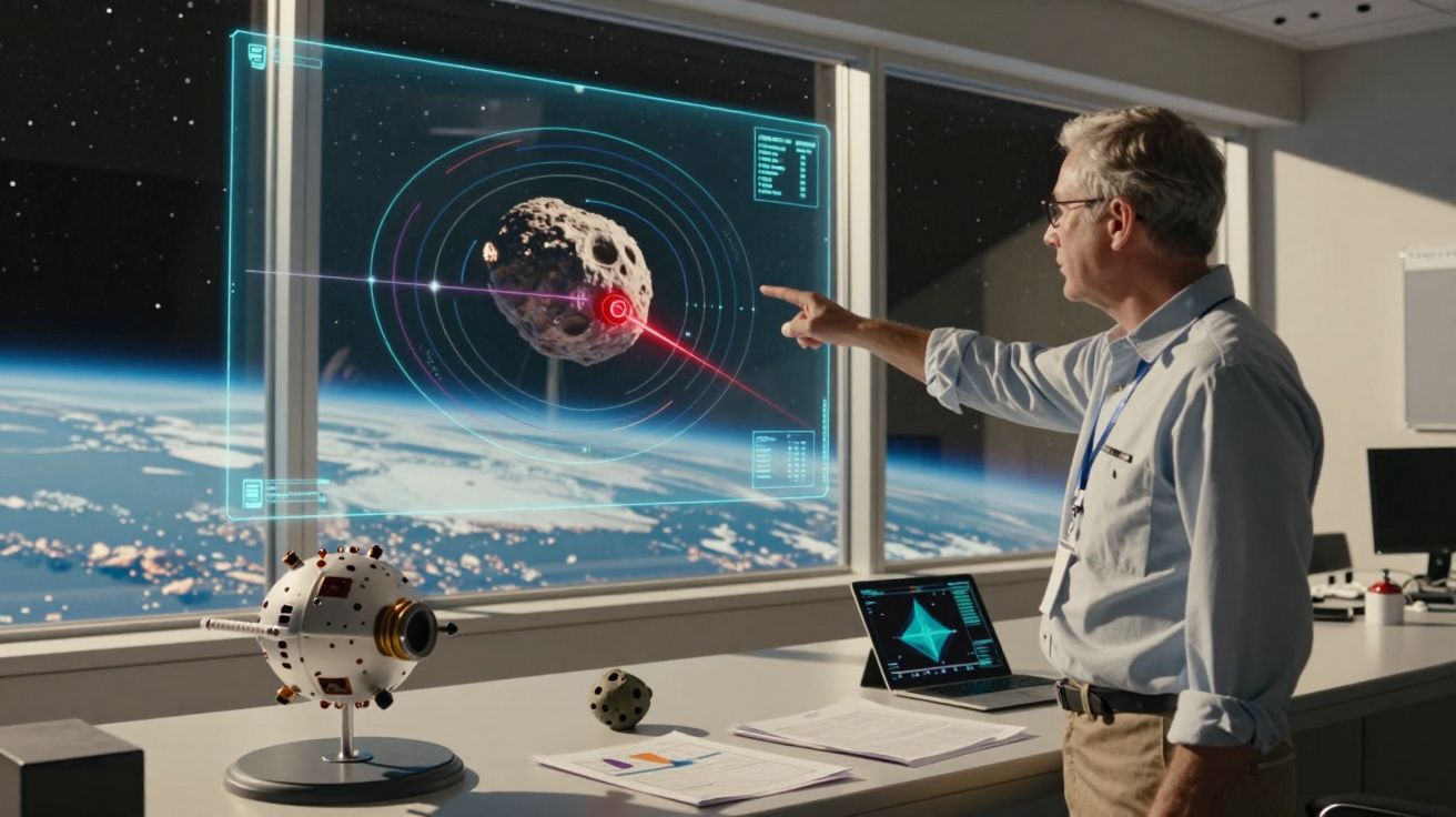 Homem em escritório interage com ecrã holográfico de asteroide em órbita terrestre visível pela janela.