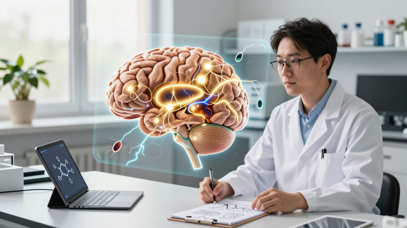 Cientista em laboratório a analisar imagem holográfica detalhada do cérebro humano com anotações.