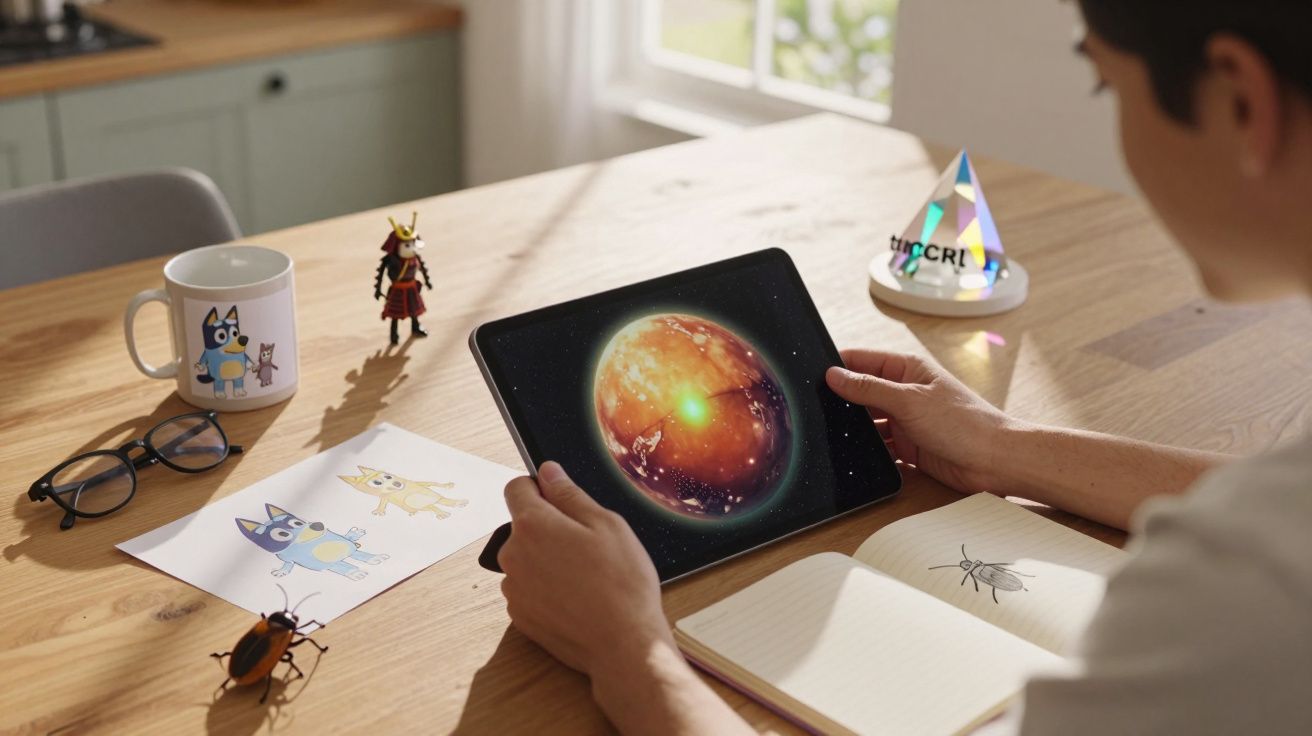 Pessoa segura tablet com imagem de planeta, rodeado por objetos numa mesa de madeira iluminada.