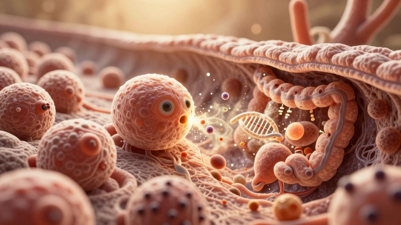 Células e DNA representados em ambiente microscópico com textura e luzes realistas.