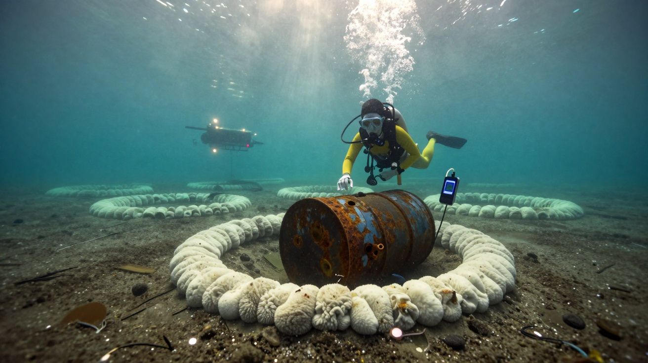 Mergulhador a investigar tambor oxidado rodeado por corais circulares no fundo do mar com drones subaquáticos ao fundo.