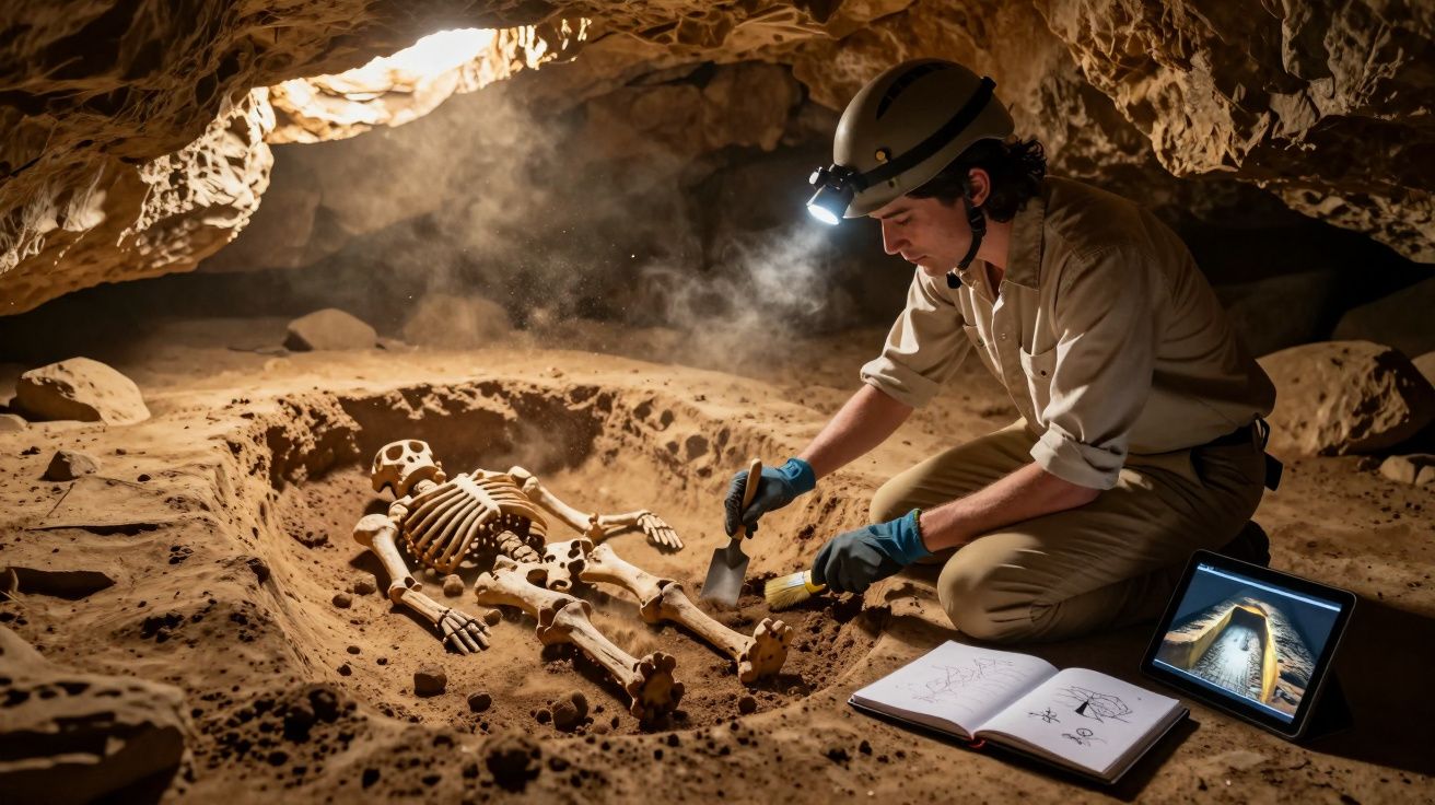 Arqueólogo escava esqueleto numa caverna, usando capacete com luz e ferramentas, com diário e tablet ao lado.
