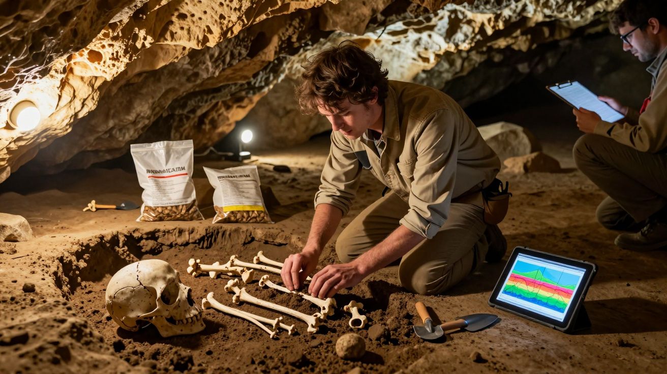Arqueólogo a escavar e organizar ossos humanos em escavação arqueológica dentro de uma caverna.