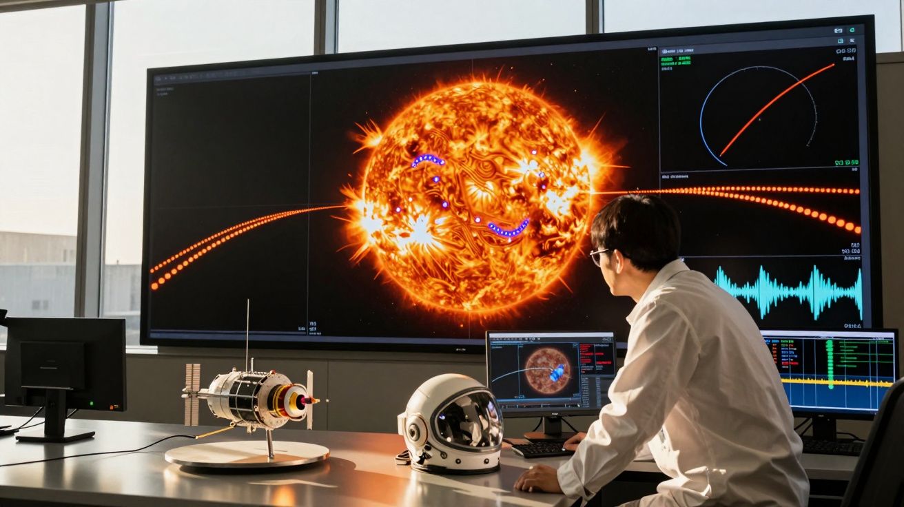 Cientista analisa simulação do sol em grande ecrã com capacete e modelo de nave espacial na mesa.