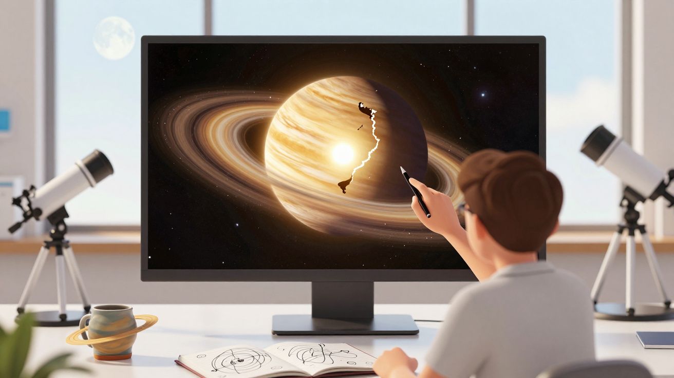 Pessoa desenha em ecrã de computador um planeta com anéis semelhante a Saturno, numa sala com telescópios.