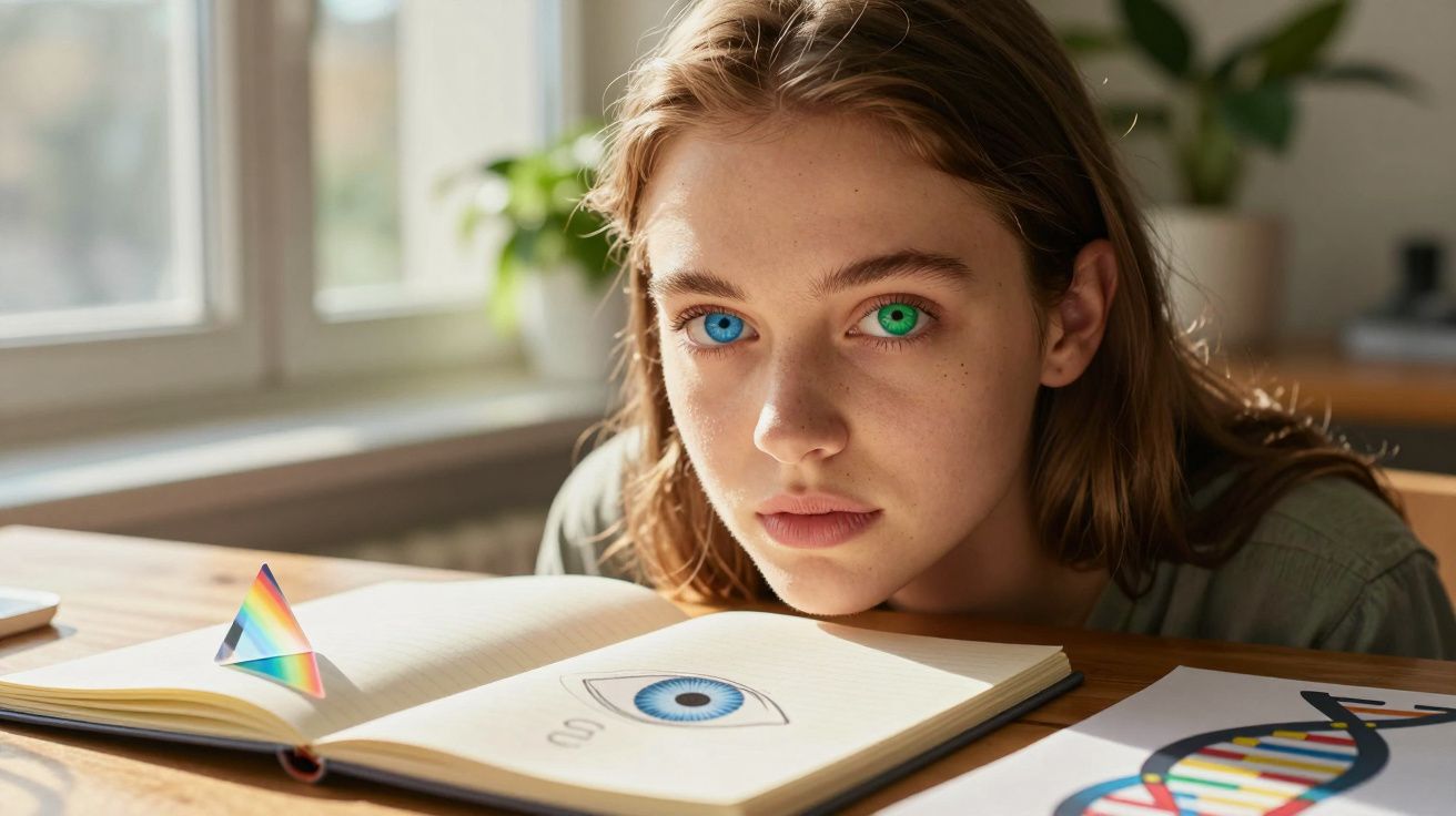 Jovem com olhos azul e verde observa desenho de olho e prisma colorido sobre mesa iluminada pela luz natural.