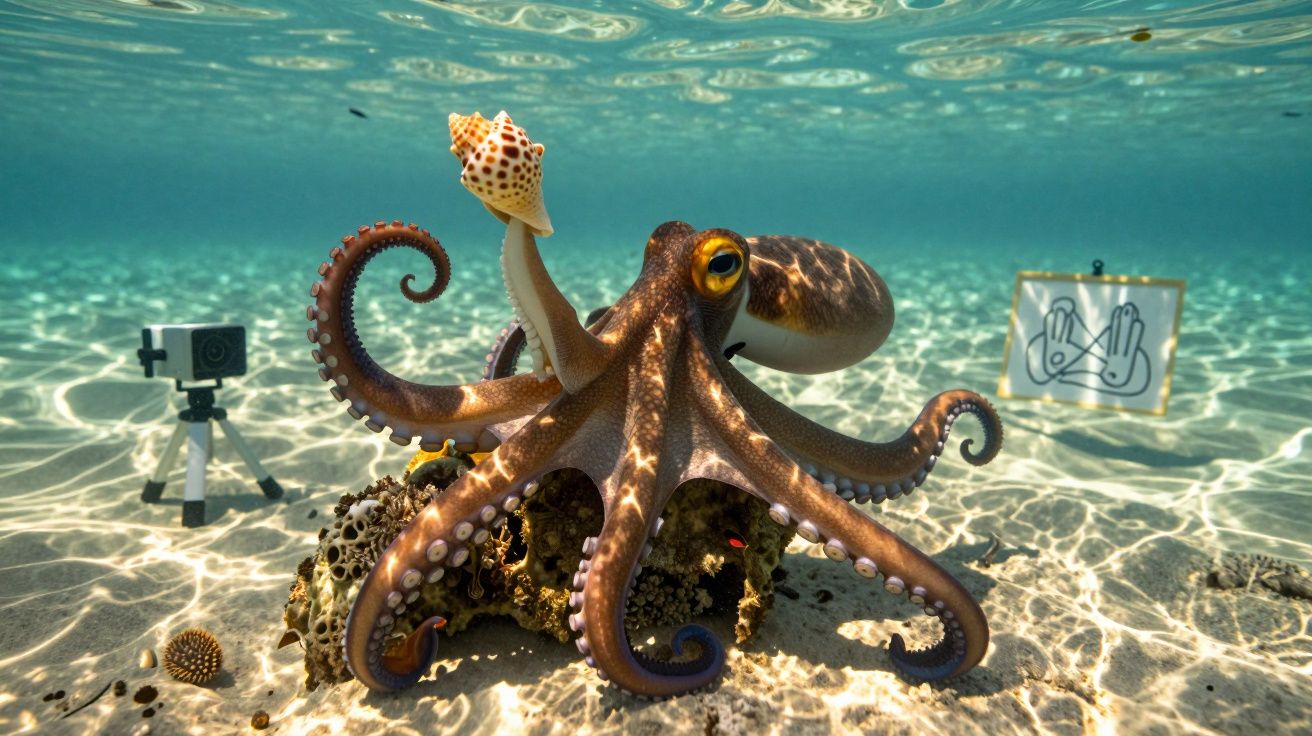 Polvo marrom subaquático segurando concha ao lado de câmara e placa com símbolo de mãos no fundo arenoso do mar.