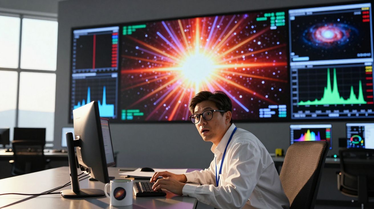 Homem com óculos em escritório olhando para ecrã, com gráficos e imagem de explosão estelar ao fundo.