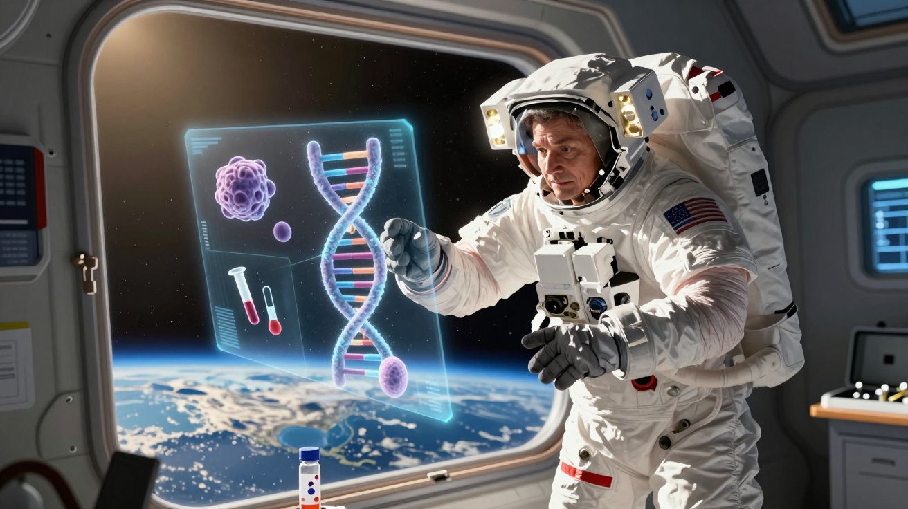 Astronauta trabalha com holograma de ADN e células em estação espacial com vista para a Terra.
