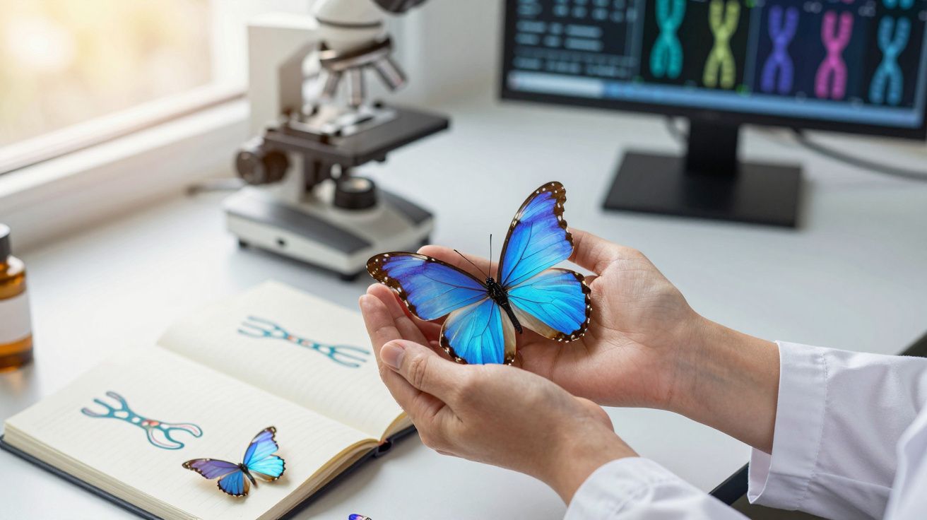 Mãos de cientista seguram borboleta azul em laboratório com microscópio, caderno e ecrã com cromossomas ao fundo.