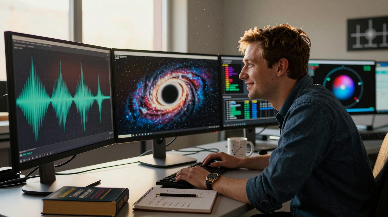 Homem a trabalhar num ambiente tecnológico com três ecrãs, mostrando gráficos, código e imagem de buraco negro.