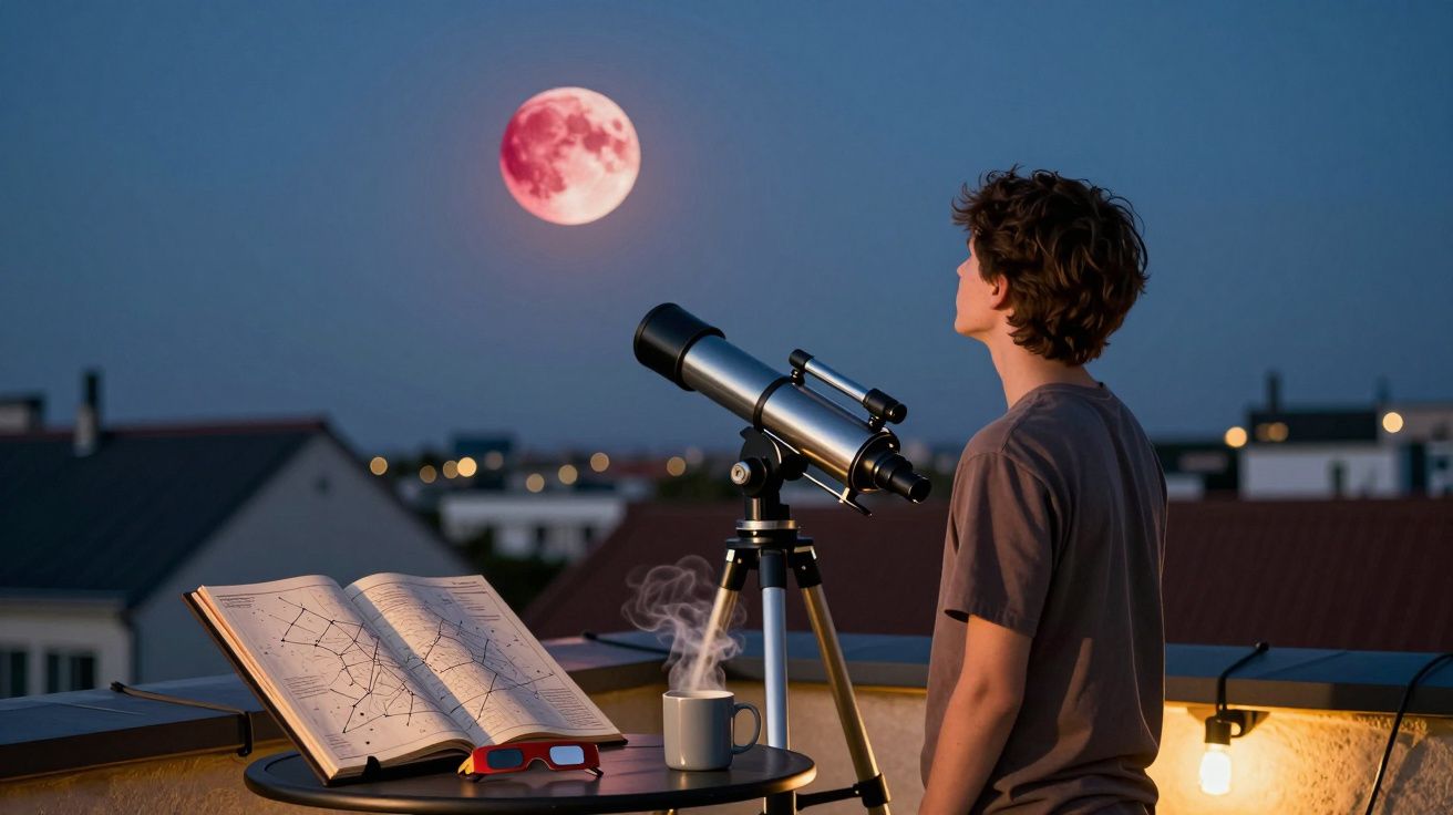 Jovem observa a lua vermelha ao lado de telescópio e livro de astronomia numa varanda ao entardecer.
