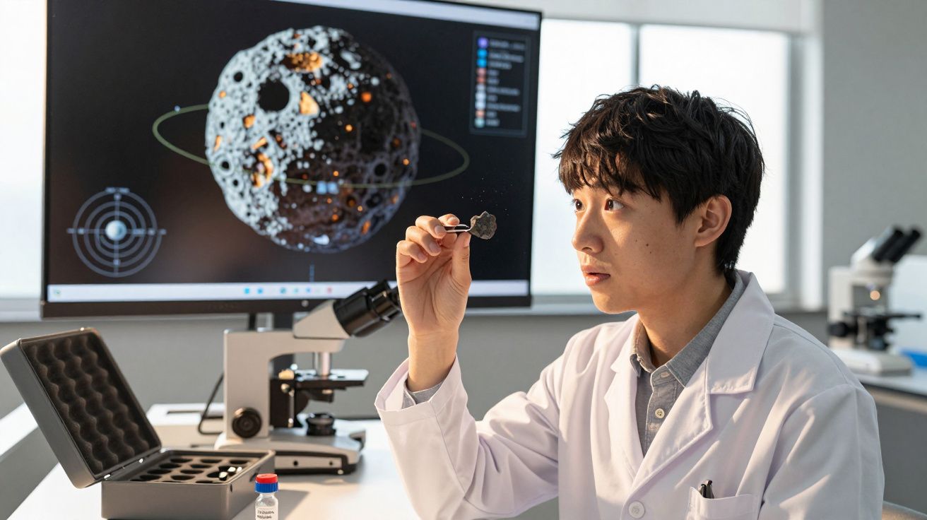 Cientista em bata branca analisa fragmento de meteorito com imagem digital de asteroide no ecrã atrás.