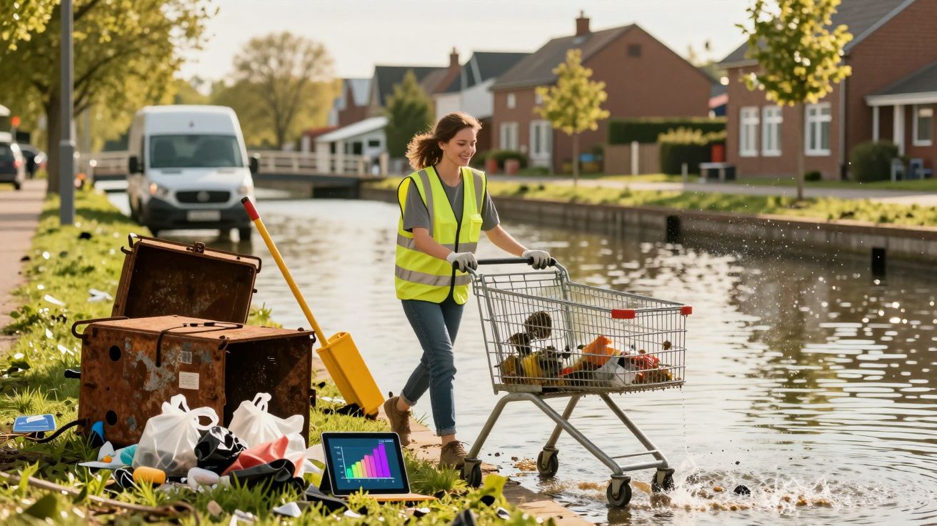 Mulher com colete refletor limpa lixo num canal, empurrando carrinho de supermercado cheio de resíduos.