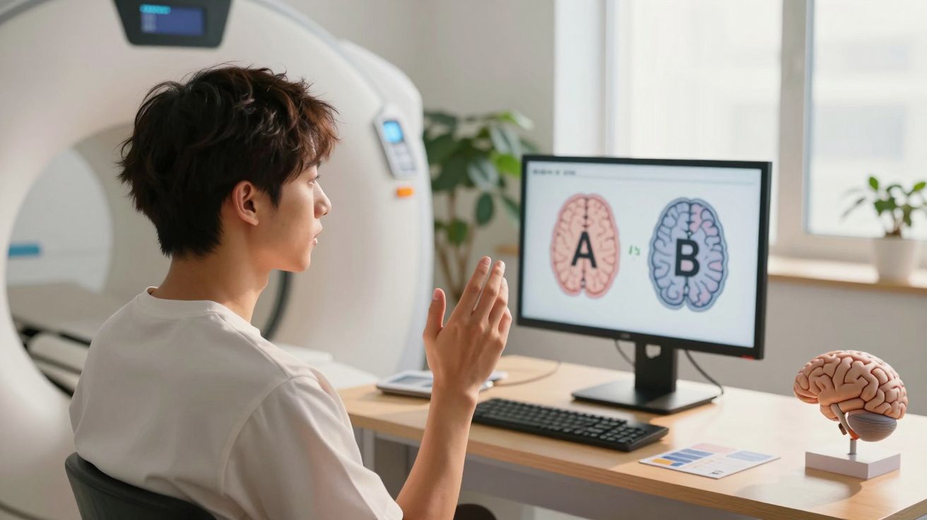 Homem a interagir com computador que mostra imagens de cérebros A e B num escritório com modelo cerebral.