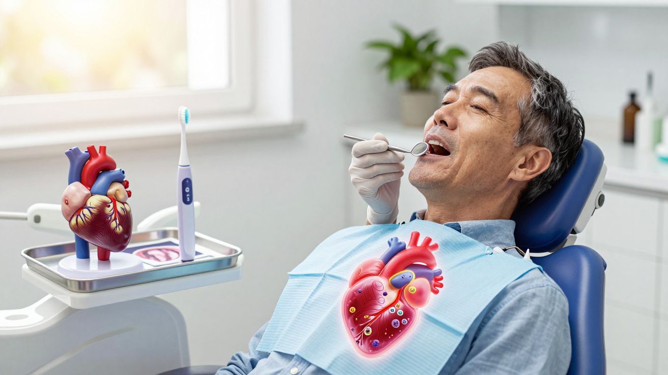 Homem em cadeira dentária com modelo de coração e dentista a examinar os seus dentes.