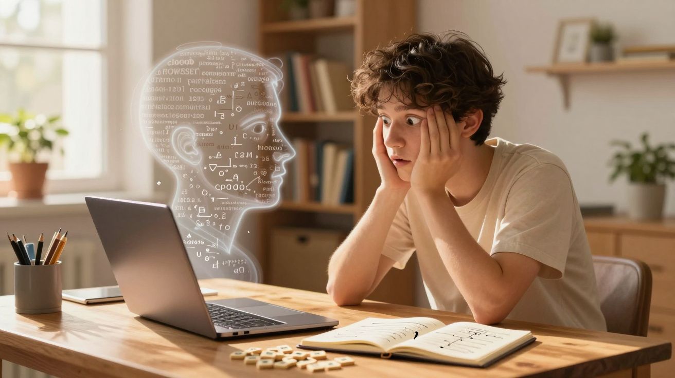 Jovem sentado à mesa com laptop e rosto digital projetado, demonstrando surpresa e confusão.